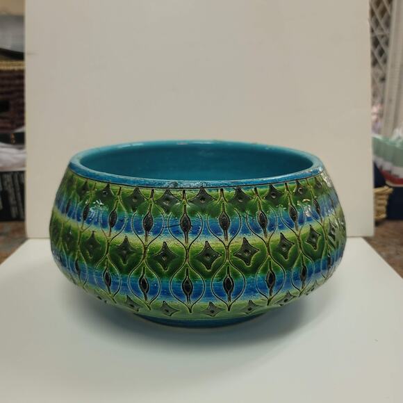 Bitossi Italy Console Bowl w/ Matching Candlestick Art Pottery Rimini blue Green - Picture 7 of 13